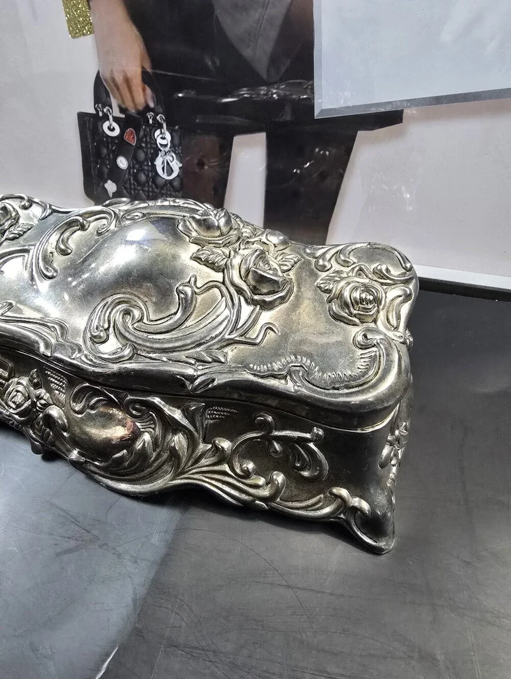 Vintage Art Nouveau Rose Silver Plated Jewelry Casket